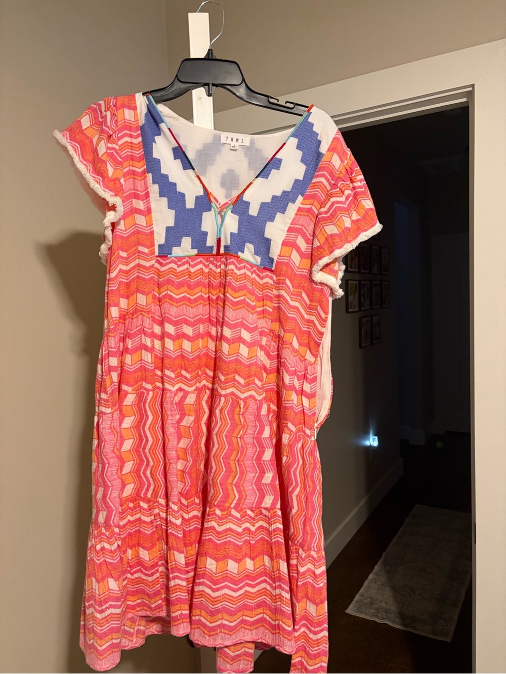 Bright Pink & Orange Girls' Chevron Tiered Dress with Blue Yoke size small